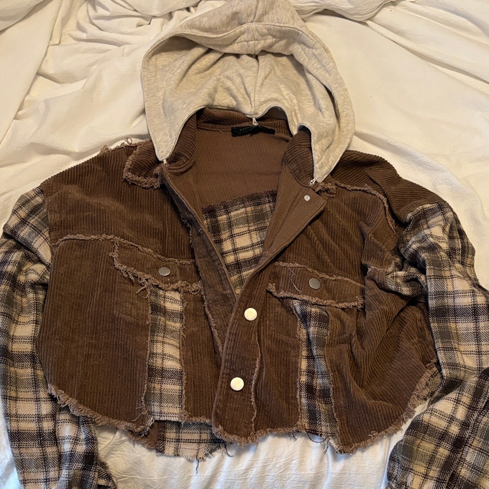 Dance & Marvel Brown Corduroy & Plaid Hooded Jacket